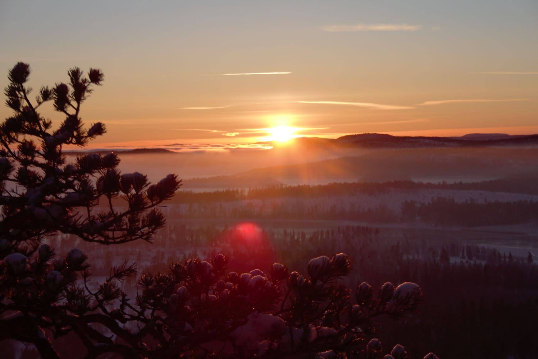 Widok na zachodzące słońce w zimowy dzień na Wysokim Wybrzeżu w Szwecji.